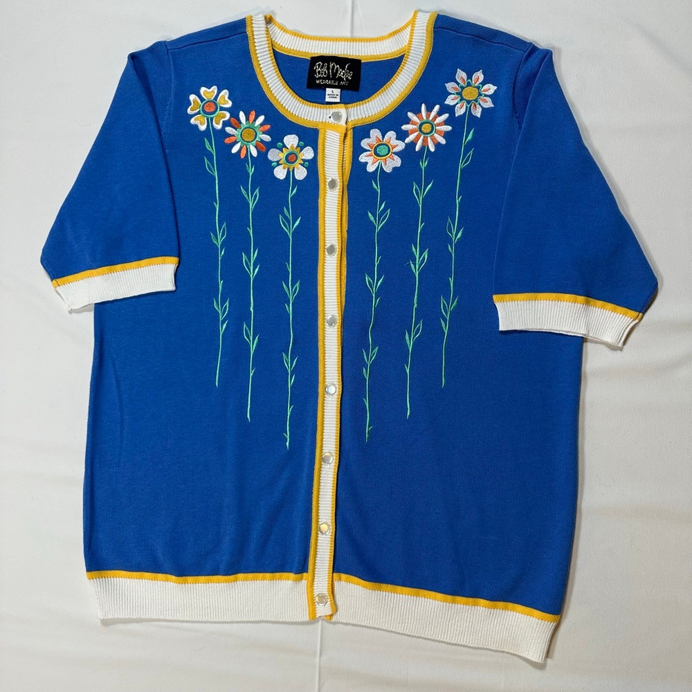 Bob Mackie | Wearable Art | Blue Floral Button Cardigan | Size L